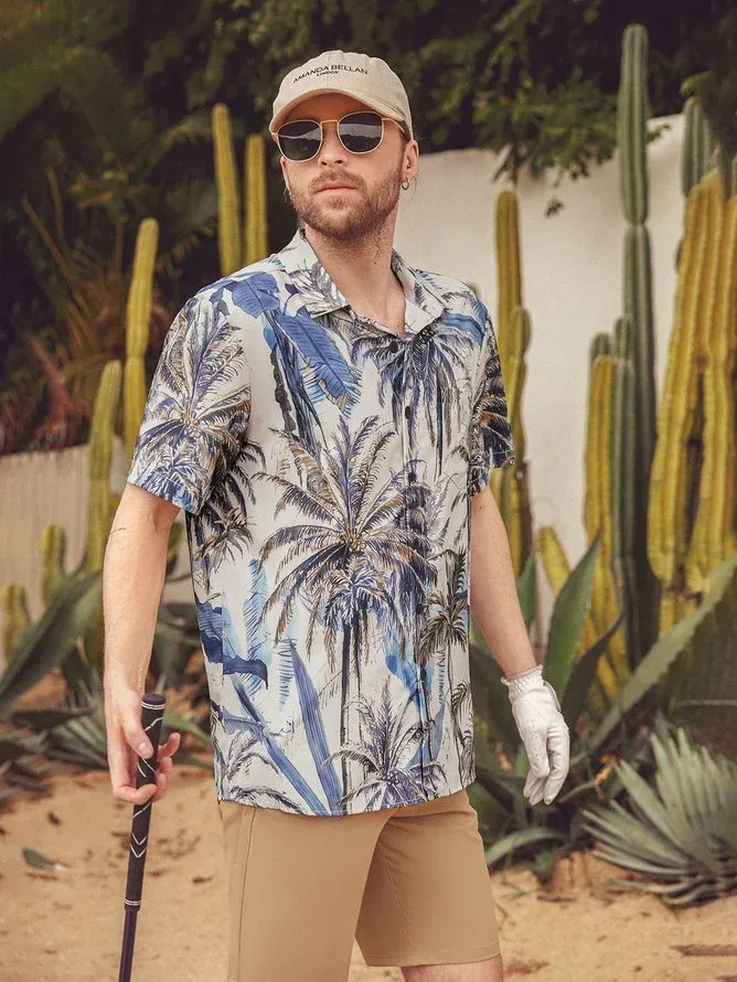 Mens Hawaiian Coconut Print Lapel Chest Pocket Short Sleeve Funky Aloha Shirt