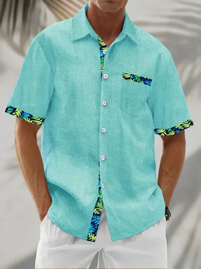 Linen Texture Plant Based Solid Color Patchwork Chest Pocket Holiday Hawaiian Shirt