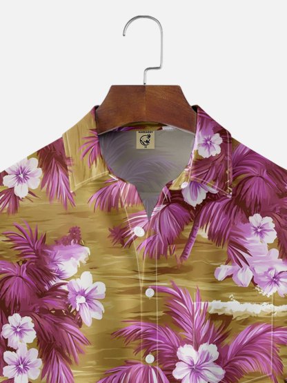 Moisture-wicking Tropical Palm Tree Floral Chest Pocket Hawaiian Shirt