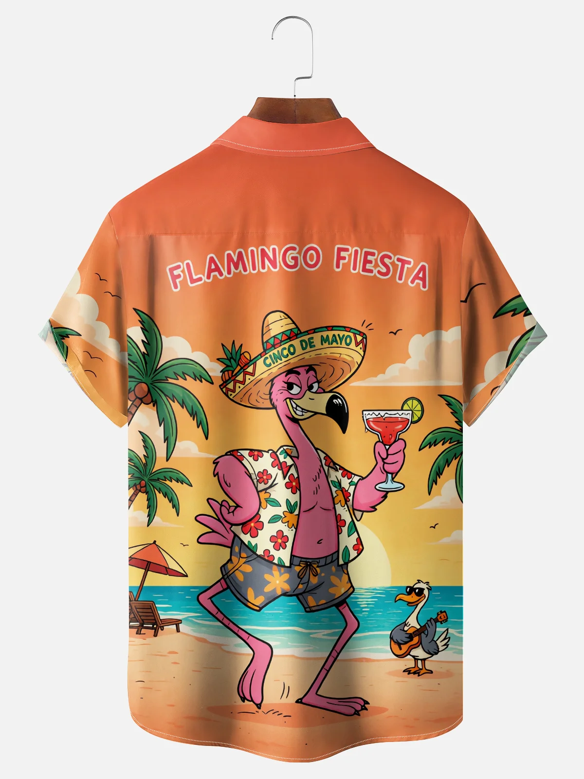 Moisture-Wicking Cinco de Mayo Themed  Flamingo & Beach Hat Pattern with Chest Pocket Hawaiian Shirt