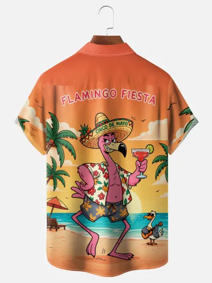 Moisture-Wicking Cinco de Mayo Themed  Flamingo & Beach Hat Pattern with Chest Pocket Hawaiian Shirt