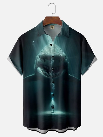 Moisture-wicking Shark Chest Pocket Hawaiian Shirt