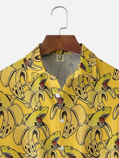 Moisture Wicking Banana Shark Chest Pocket Hawaiian Shirt