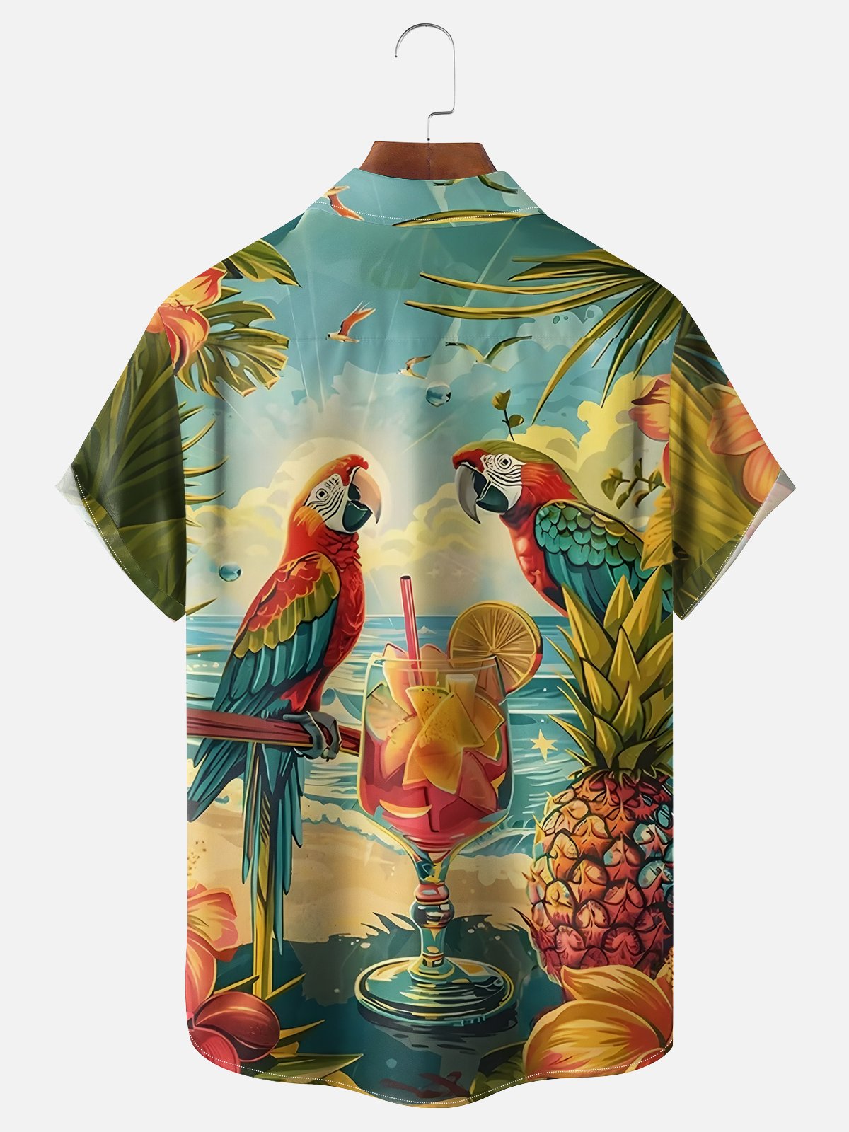Moisture Wicking Beach Cocktail Parrot Chest Pocket Hawaiian Shirt