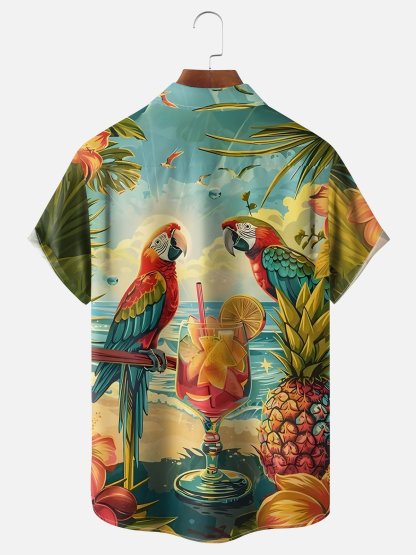 Moisture Wicking Beach Cocktail Parrot Chest Pocket Hawaiian Shirt
