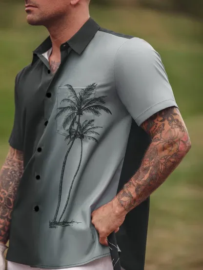Men's Gradient Coconut Tree Print Casual Breathable Hawaiian Short Sleeve Shirt
