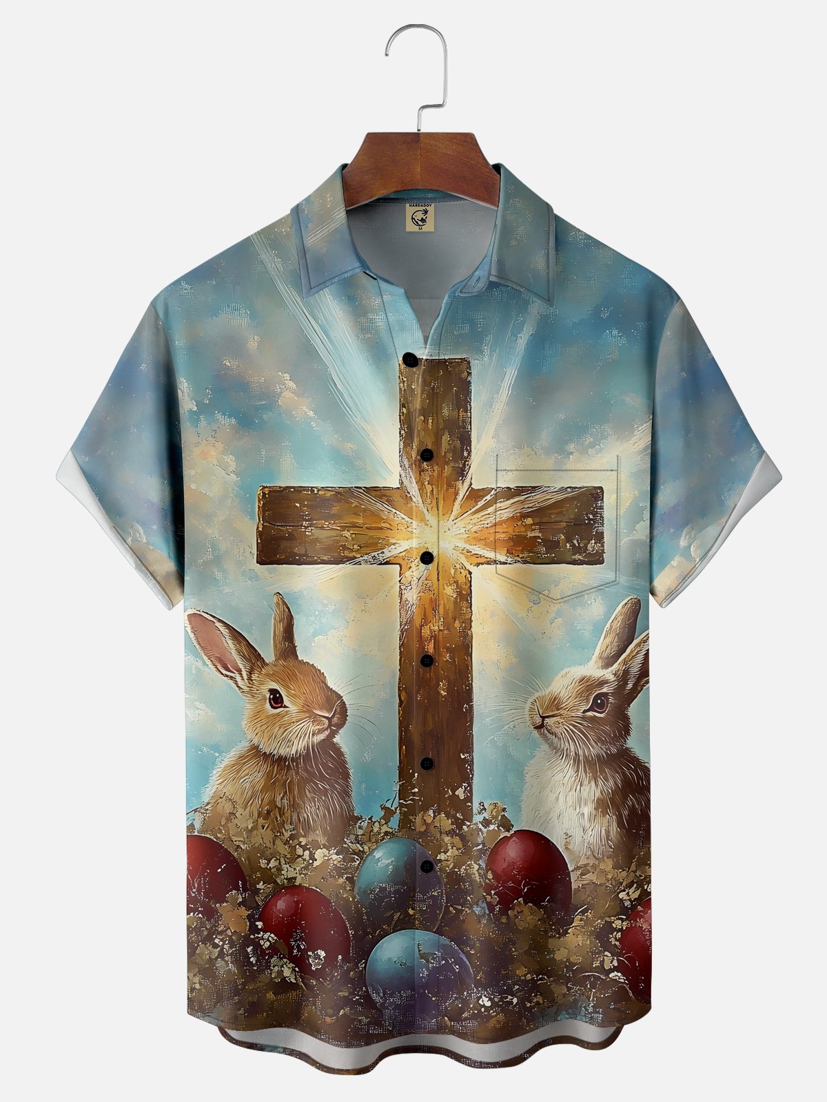 Moisture-wicking Easter Bunny Rabbit Eggs Cross Chest Pocket Casual Shirt