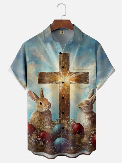 Moisture-wicking Easter Bunny Rabbit Eggs Cross Chest Pocket Casual Shirt