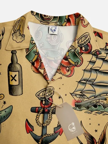 Mens Hawaiian Sailing Print Camp Collar Loose Short Sleeve Funky Tattoo Hawaiian Shirt