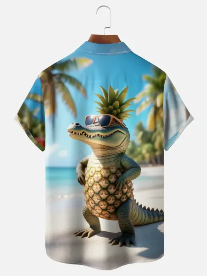 Moisture-wicking Pineapple Crocodile Coconut Tree Beach Chest Pocket Hawaiian Shirt