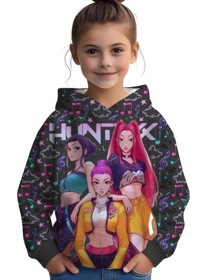 Girls Kpop Demon Hunters Korean Fashion Hoodie, Spring & Fall Comfortable Casual Sweatshirt, Durable Outdoor Activity Wear