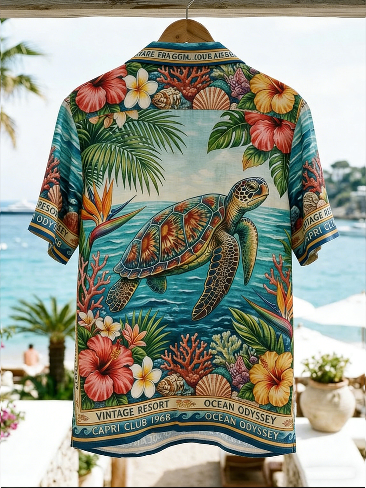 Moisture Wicking Leafy Flowers Ocean Turtle Chest Pocke Holiday Hawaiian Shirt