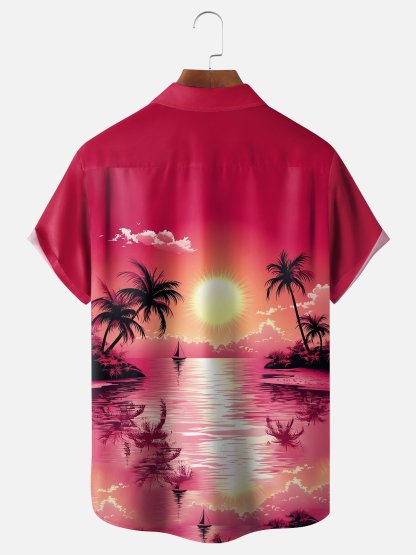 Moisture-wicking Tropical Palm Tree Chest Pocket Hawaiian Shirt