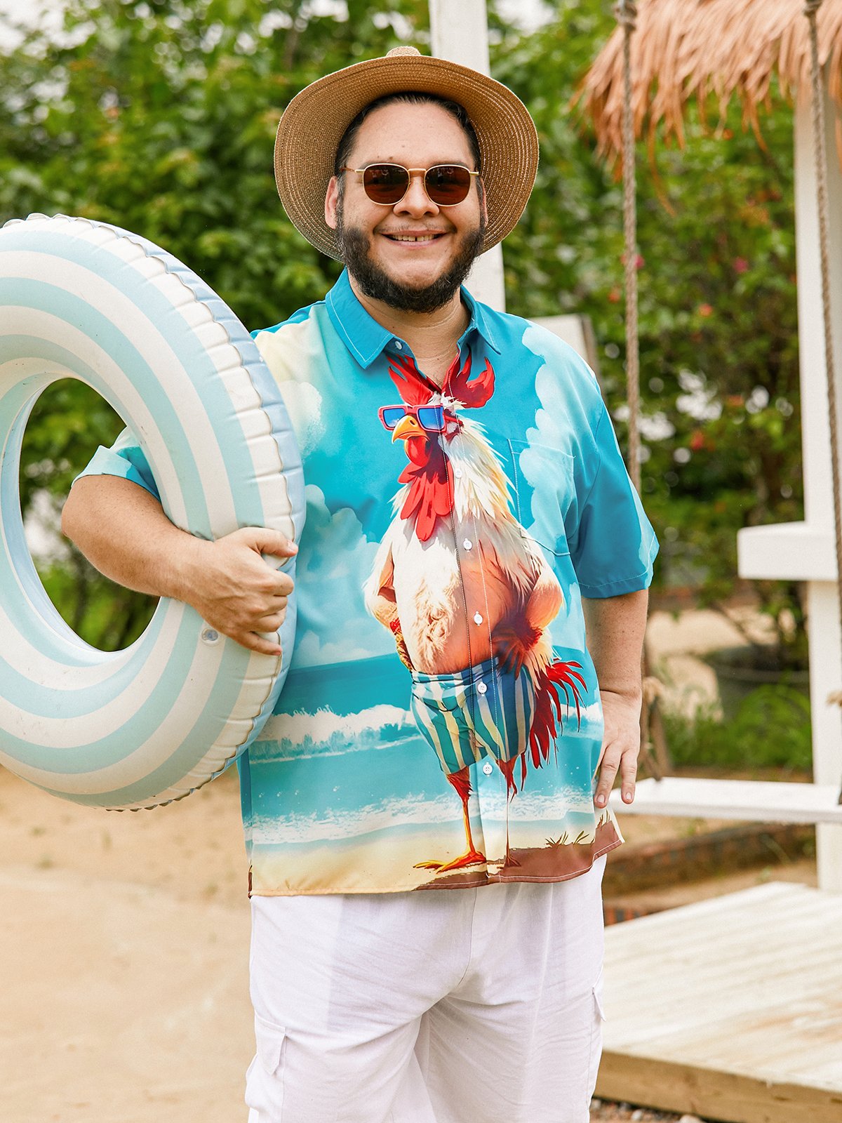 Moisture-wicking Beach Fun Chicken Chest Pocket Hawaiian Shirt