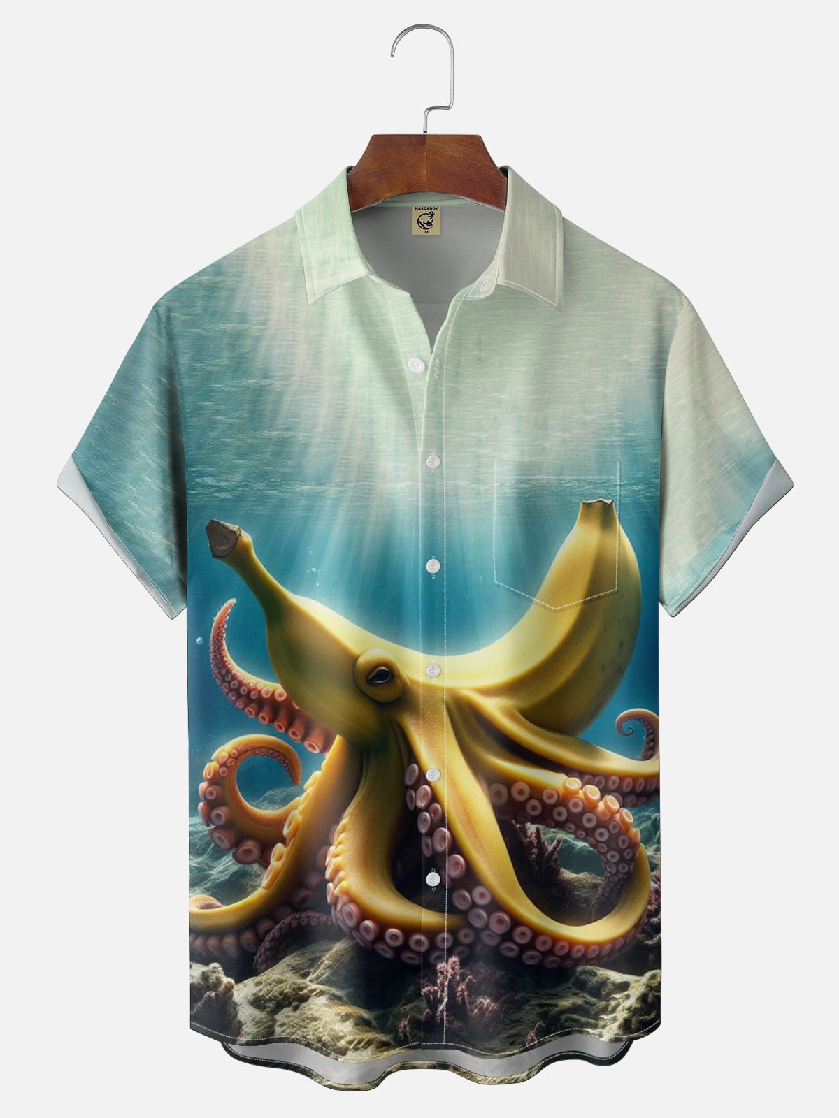 Moisture Wicking Fun Banana Octopus Print Chest Pocket Festive Hawaiian Shirt