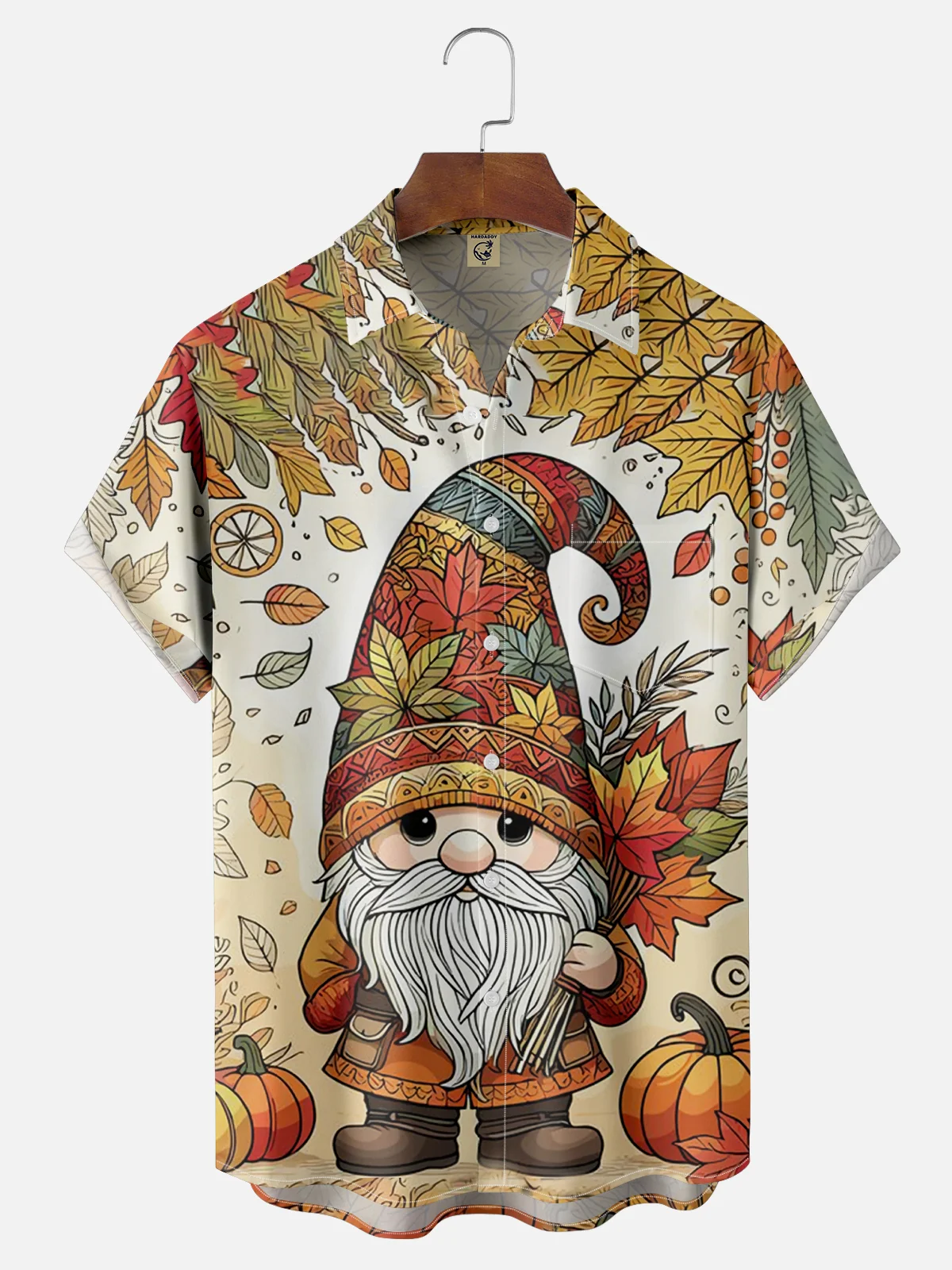 Moisture-wicking Thanksgiving Gnome and Maple Leaf Chest Pocket Hawaiian Shirt