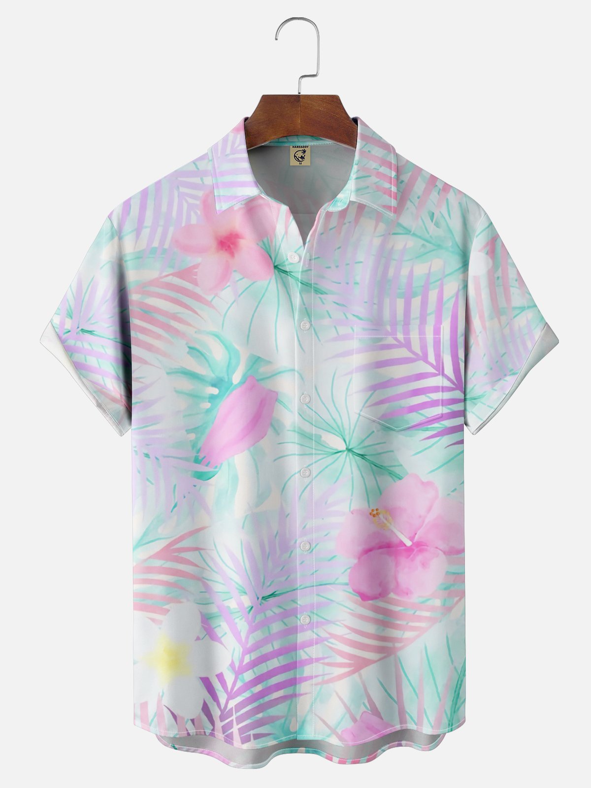 Moisture-wicking Palm Tree Hibiscus Flower Chest Pocket Hawaiian Shirt