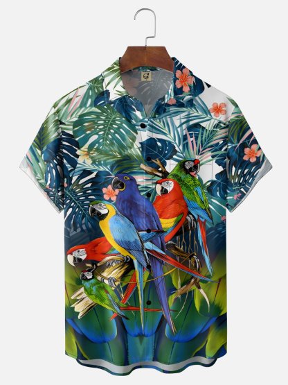 Moisture Wicking Floral Parrot Chest Pocke Holiday Hawaiian Shirt