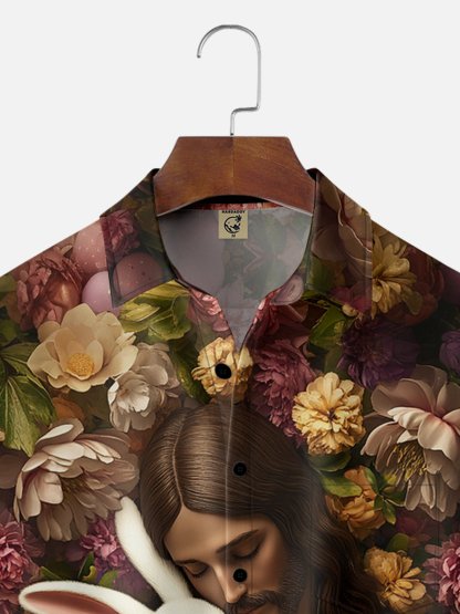 Moisture-wicking Easter Christian Jesus Bunny Rabbit Eggs Chest Pocket Casual Shirt