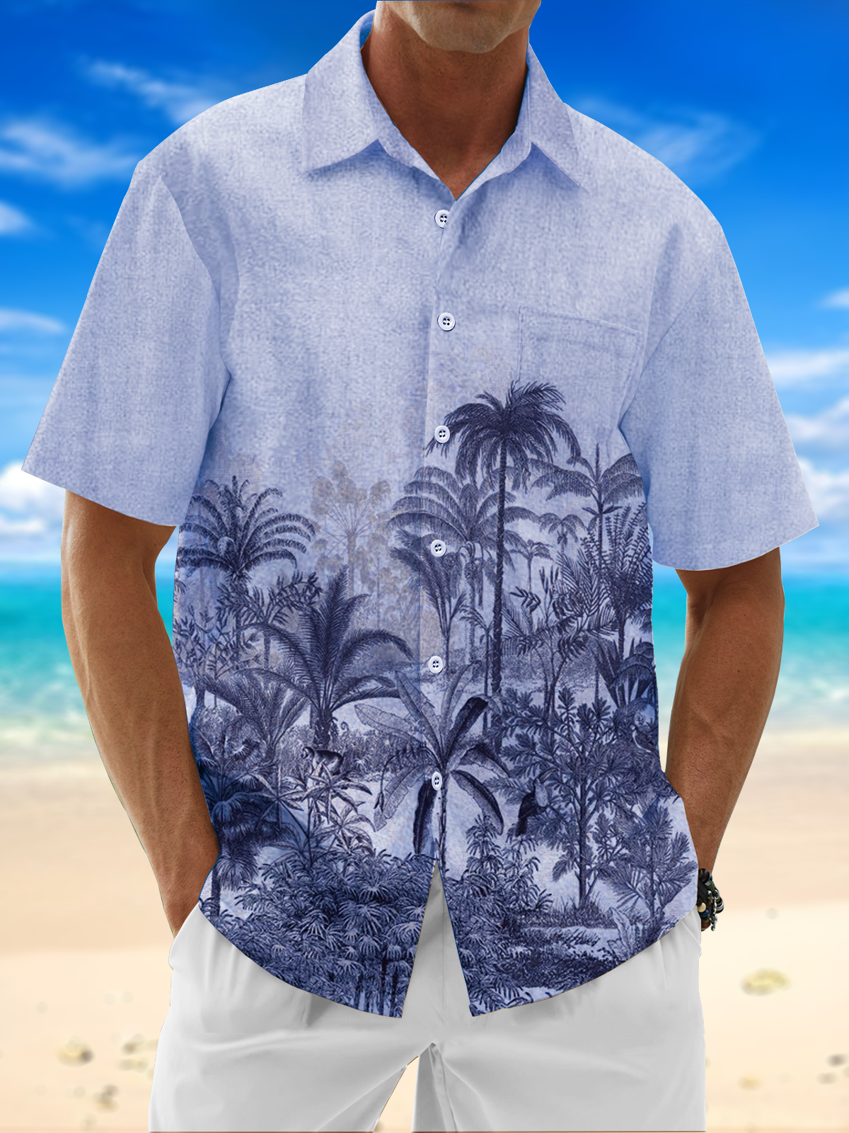 Moisture Wicking Coconut Tree Botanical Chest Pocket Hawaiian Shirt