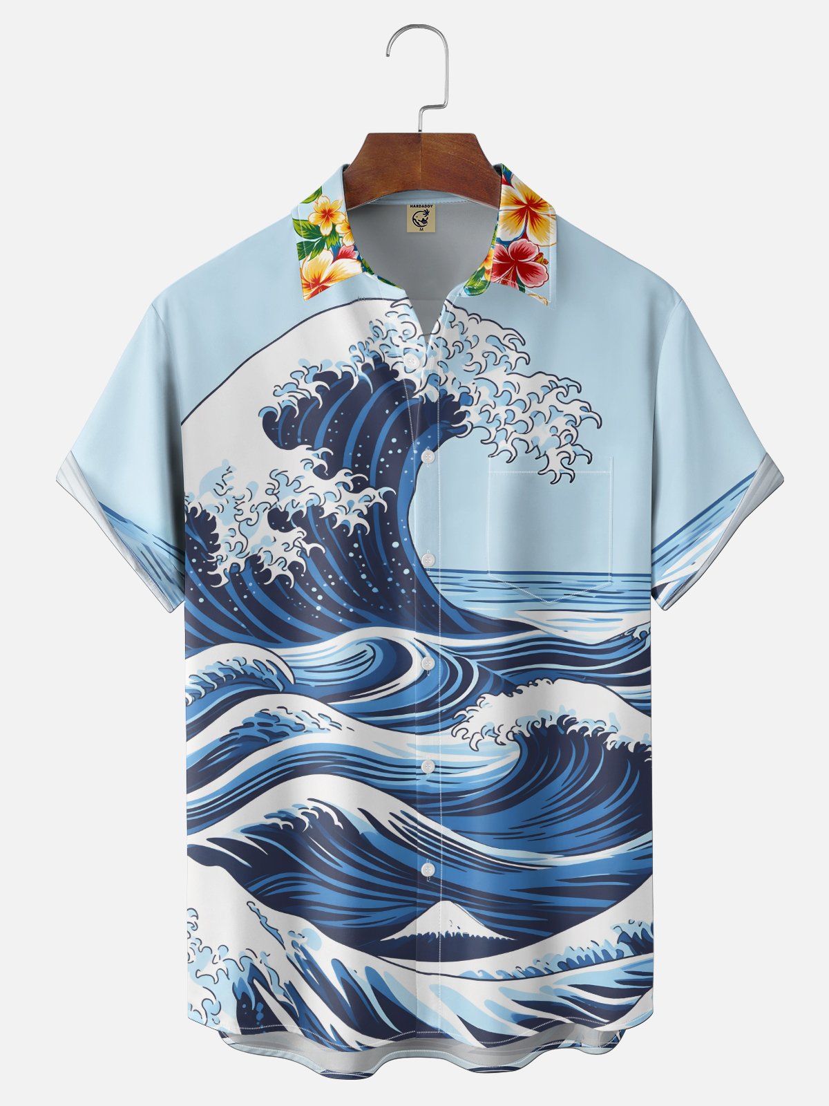Moisture-Wicking Gradient Hibiscus & Ocean Waves Chest Pocket Hawaiian Shirt