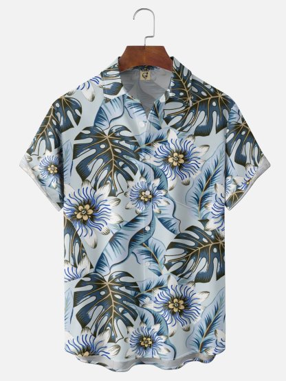 Moisture Wicking Botanical Print  Chest Pocket Holiday Hawaiian Shirt
