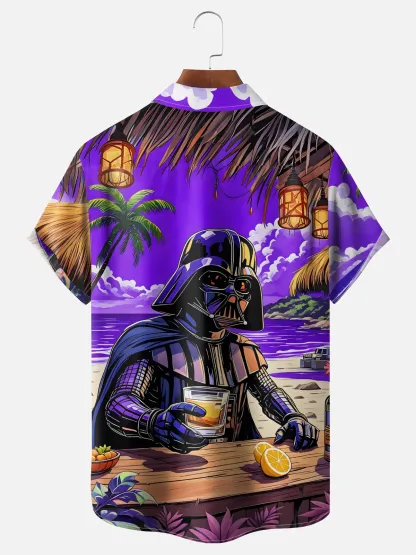 Moisture-wicking Star Beach Coconut Tree Chest Pocket Hawaiian Shirt