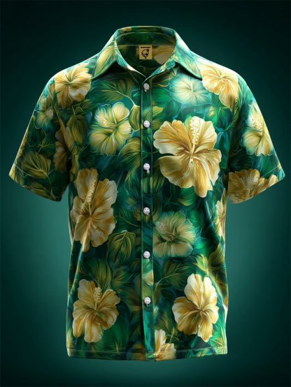 Moisture-wicking Tropical Hibiscus Floral Chest Pocket Hawaiian Shirt