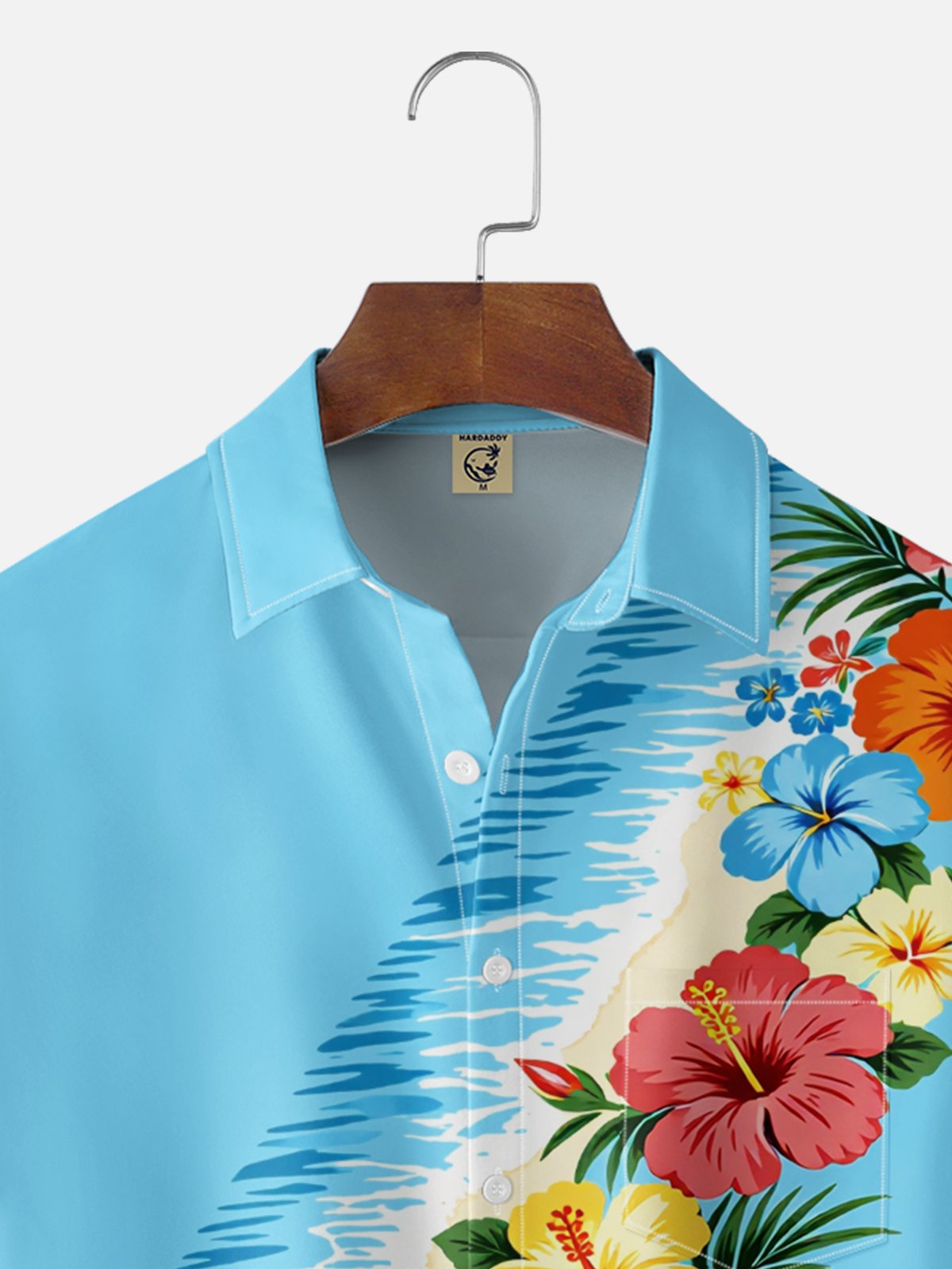 Moisture-Wicking Ombré Hibiscus & Wave Pattern Chest Pocket  Hawaiian Shirt