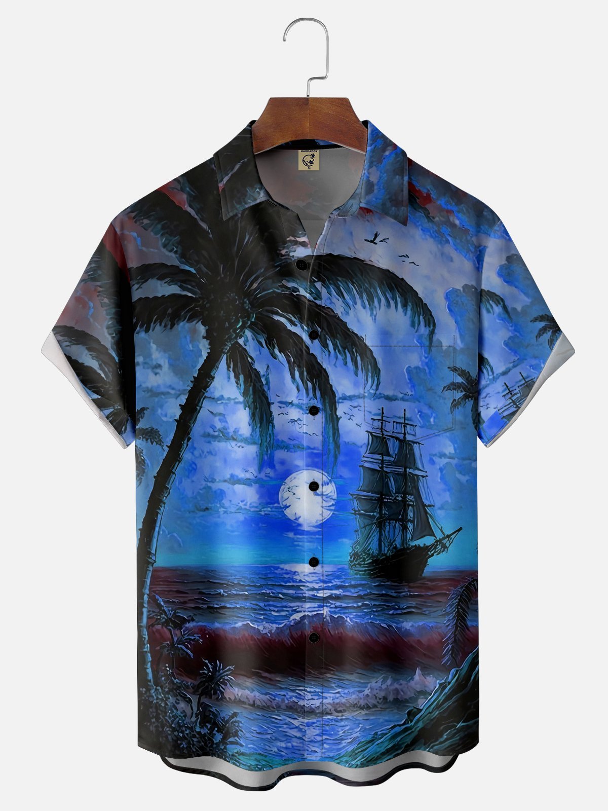 Moisture-wicking Palm Tree Sailing Boat Chest Pocket Hawaiian Shirt