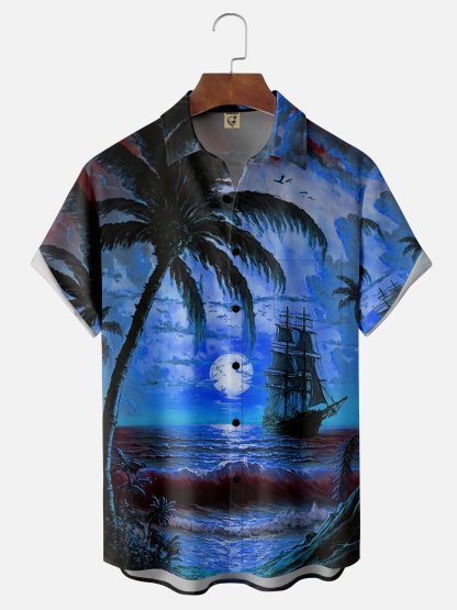 Moisture-wicking Palm Tree Sailing Boat Chest Pocket Hawaiian Shirt