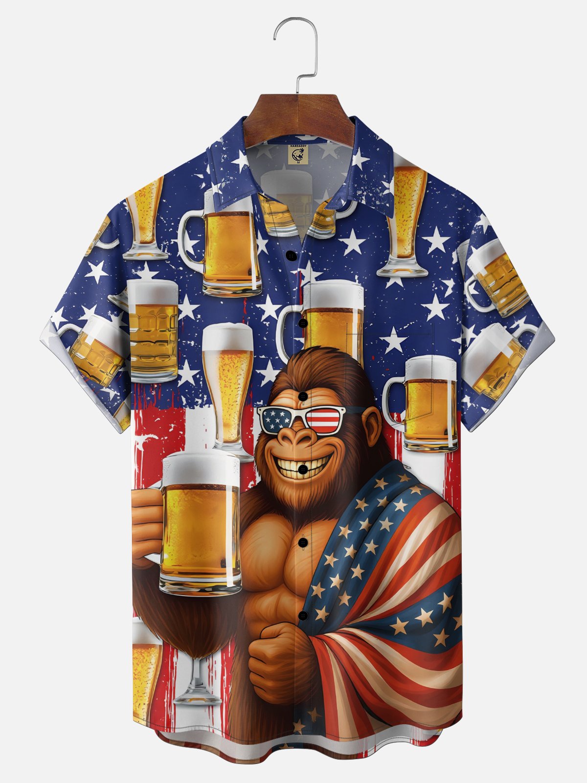Moisture Wicking American Independence Day Anniversary Flag Beer Bigfoot Chest Pocke Holiday Hawaiian Shirt
