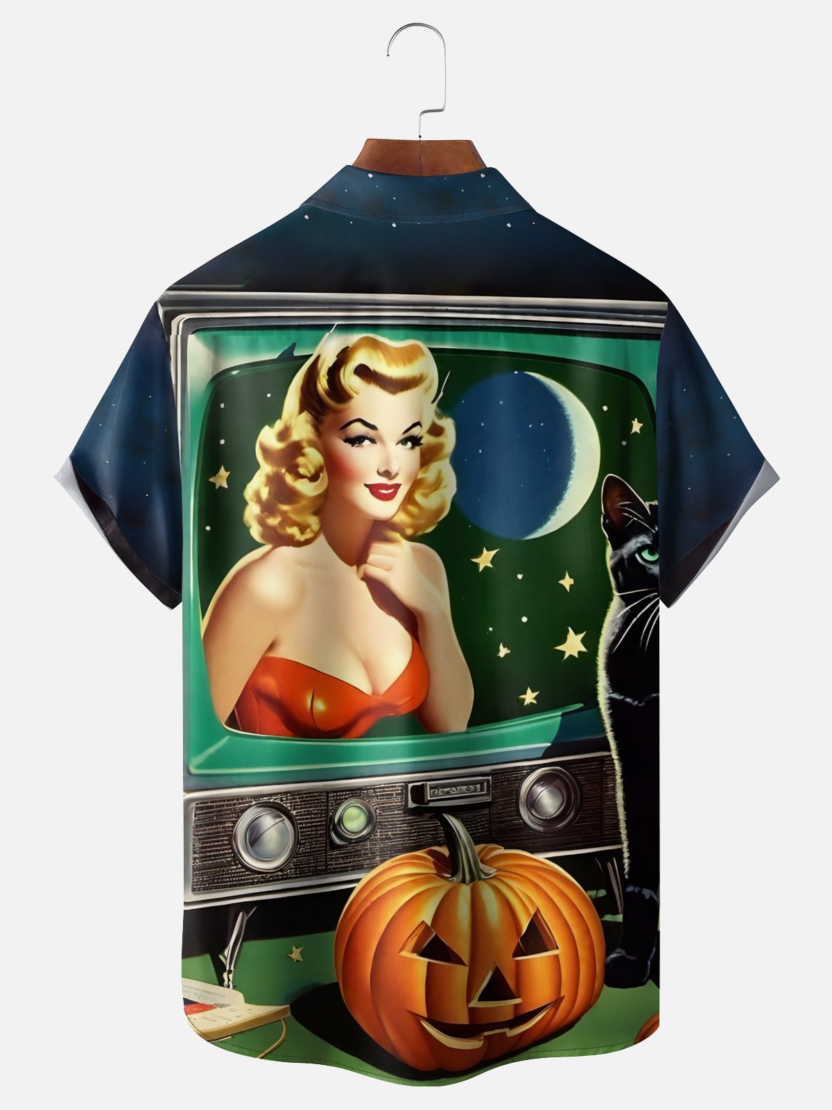Moisture-wicking Halloween Retro Beauty Pumpkin Chest Pocket Hawaiian Shirt