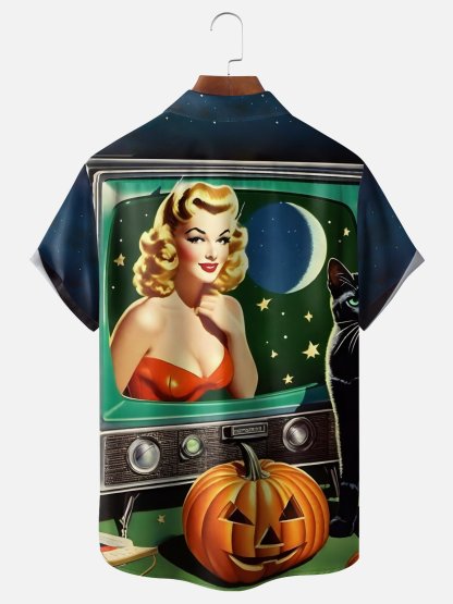 Moisture-wicking Halloween Retro Beauty Pumpkin Chest Pocket Hawaiian Shirt