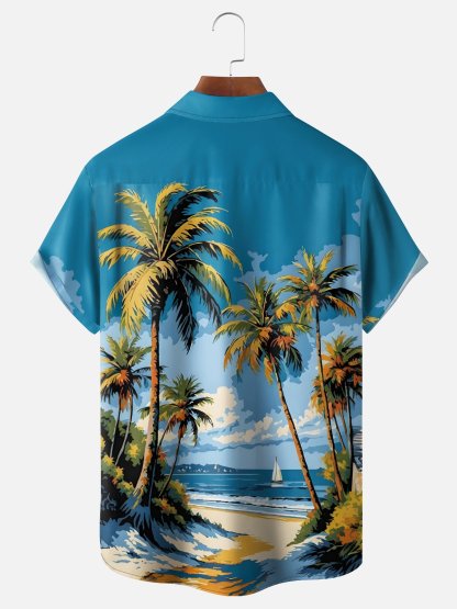 Moisture-wicking Coconut Tree Beach Chest Pocket Hawaiian Shirt