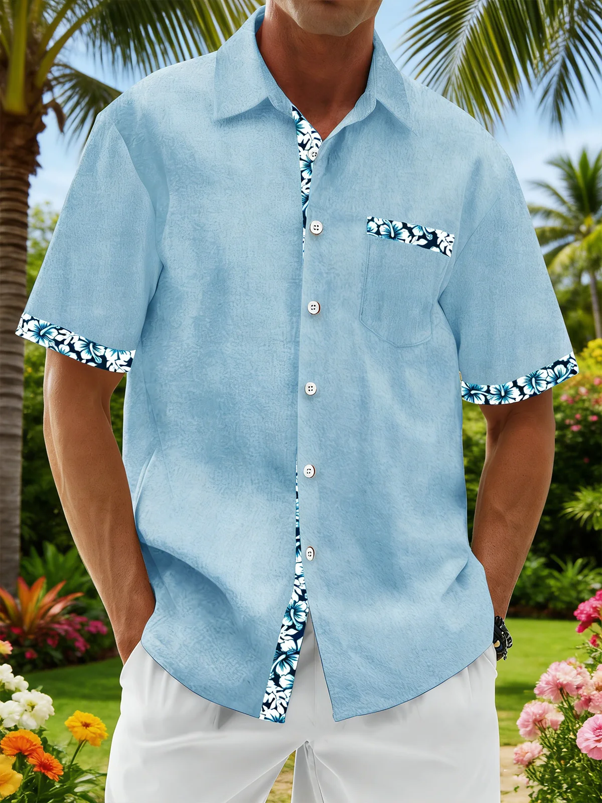 Moisture Wicking Solid Color With Floral Patchwork Chest Pocket Holiday Hawaiian Shirt