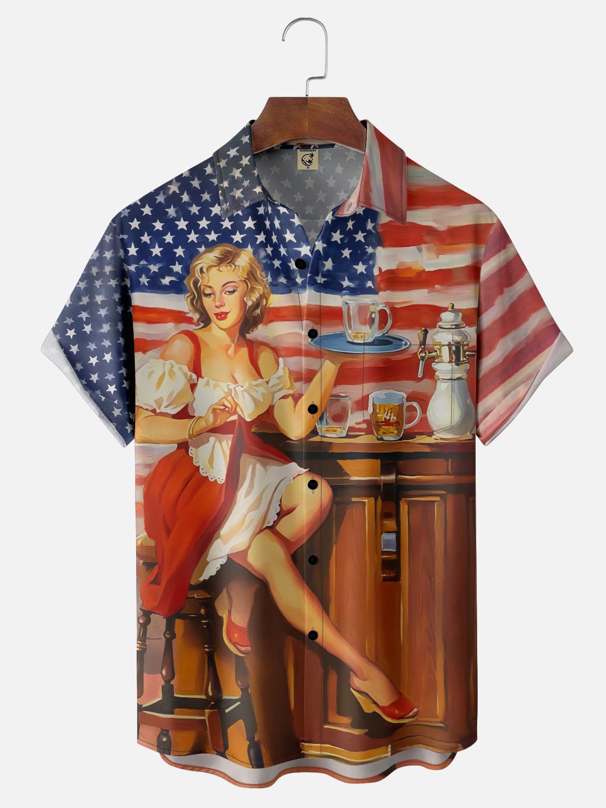 Moisture Wicking Retro Beauty Beer Festival American Flag Art Painting Chest Pocket Hawaiian Shirt