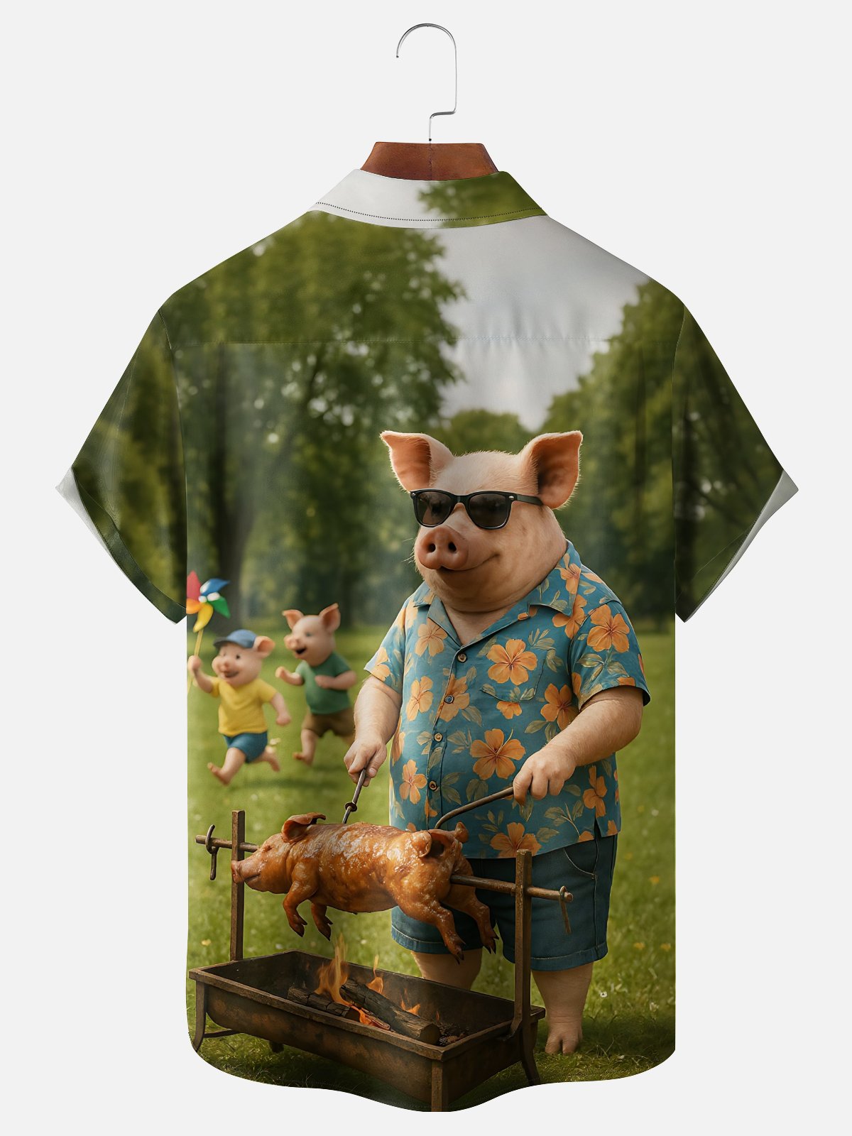 Moisture Wicking Fun BBQ Pig Print Chest Pocket Festive Hawaiian Shirt