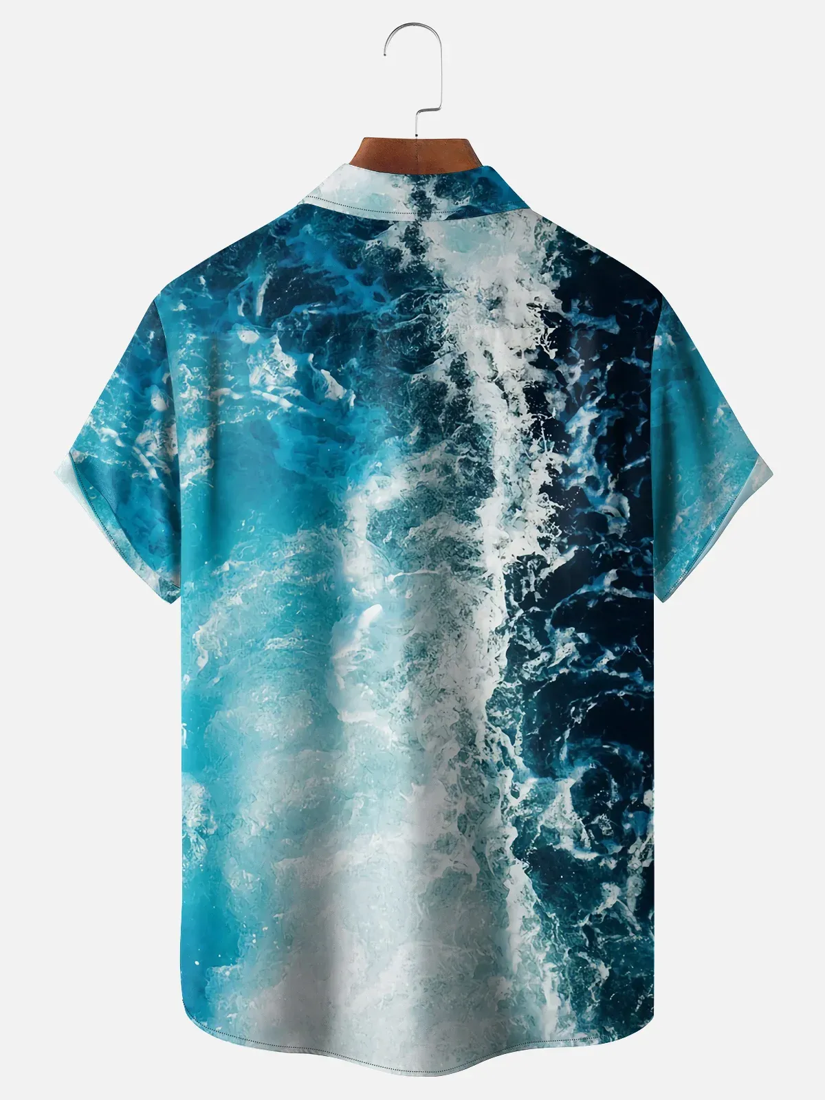 Mens Ocean Waves Print Front Buttons Soft Breathable Chest Pocket Casual Hawaiian Shirt