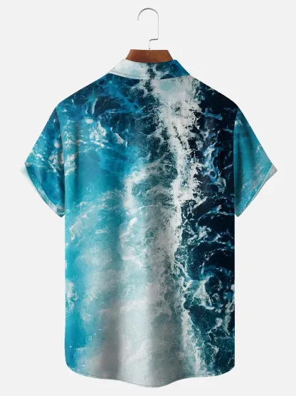 Mens Ocean Waves Print Front Buttons Soft Breathable Chest Pocket Casual Hawaiian Shirt