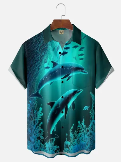 Moisture-wicking Ocean Dolphin Chest Pocket Hawaiian Shirt