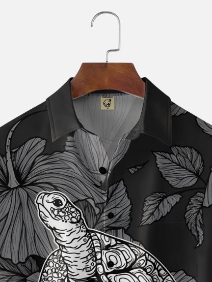 Moisture Wicking Botanical & Turtle Chest Pocket Holiday Hawaiian Shirt
