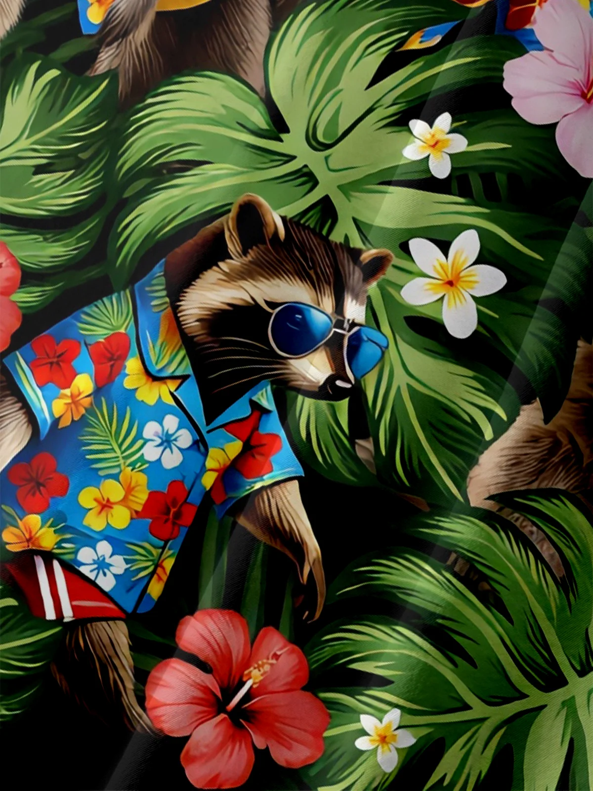 Moisture Wicking Leaf Floral and Raccoon Chest Pocket Holiday Hawaiian Shirt