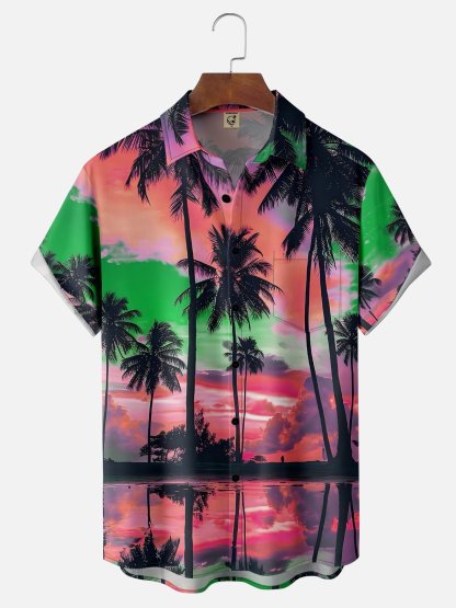 Moisture-wicking Beach Sunset Coconut Tree Chest Pocket Hawaiian Shirt