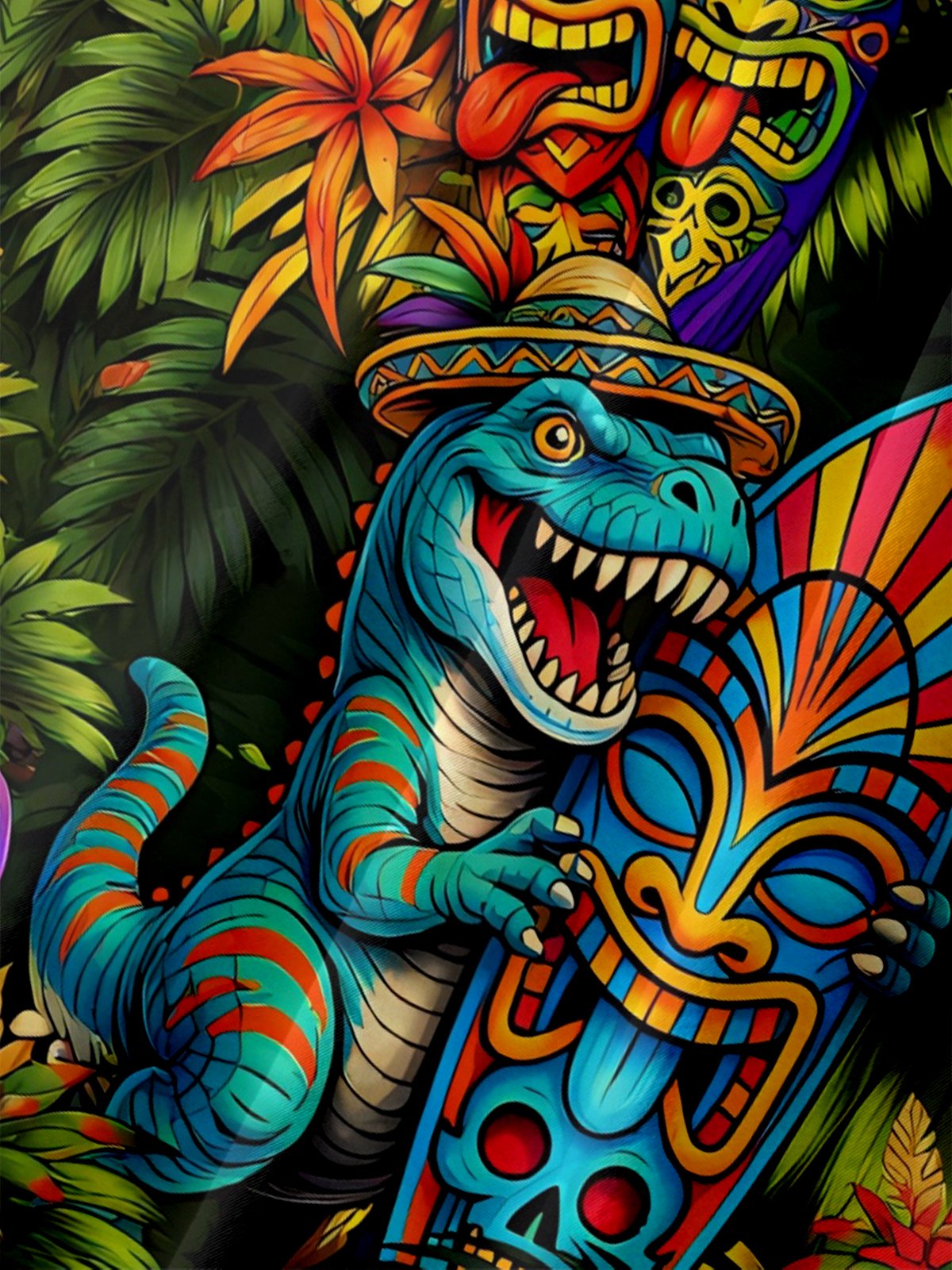 Moisture Wicking Cinco de Mayo Botanical & Dinosaur Print Chest Pocket Holiday Hawaiian Shirt