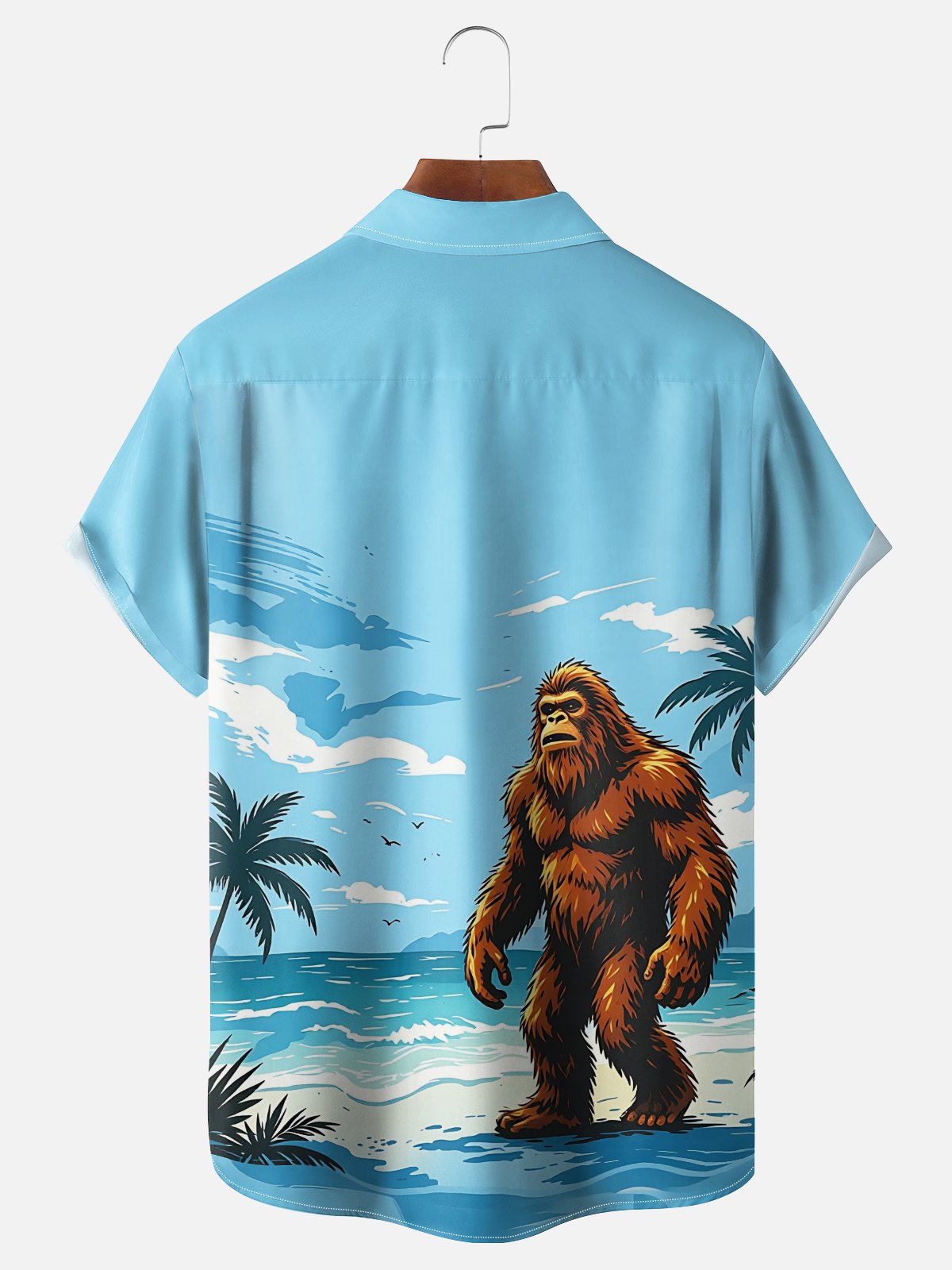 Moisture-Wicking Gradient Coconut Trees Beach And Bigfoot Print Chest Pocket Hawaiian Shirt