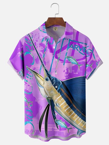Moisture-wicking Swordfish Ocean Chest Pocket Hawaiian Shirt