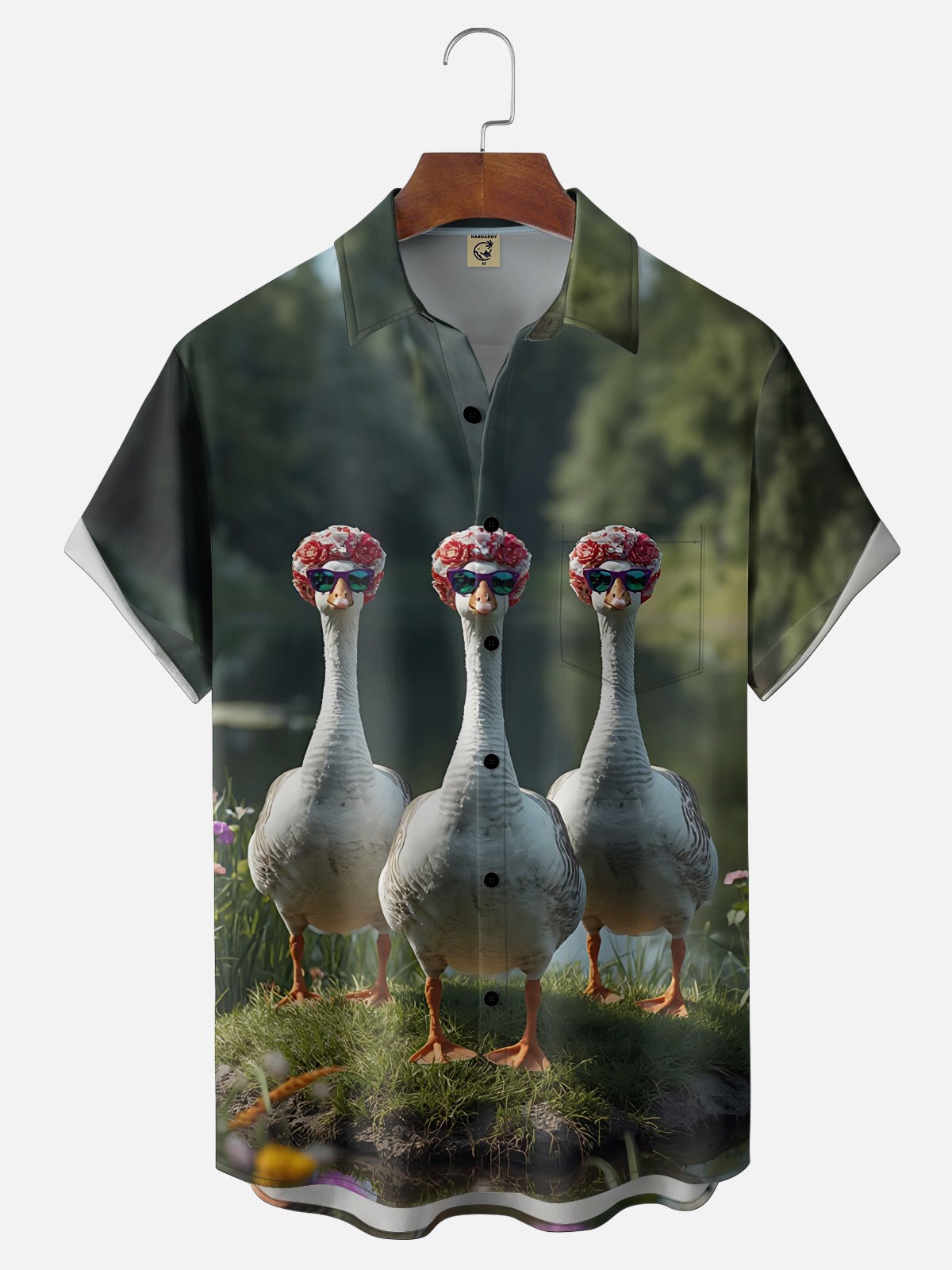 Moisture-Wicking  Fun Goose Chest Pocket Holiday Hawaiian Shirt