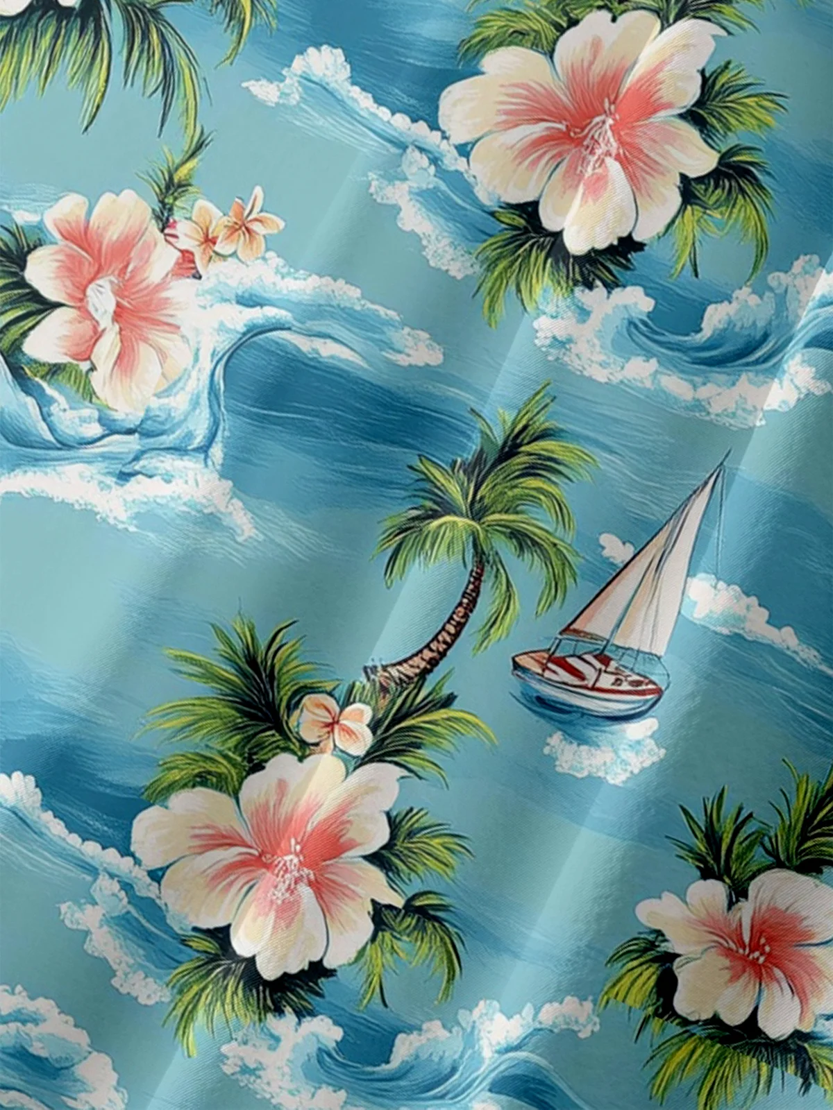 Moisture-wicking Palm Tree Hibiscus Flower Sailing Boat Chest Pocket Hawaiian Shirt