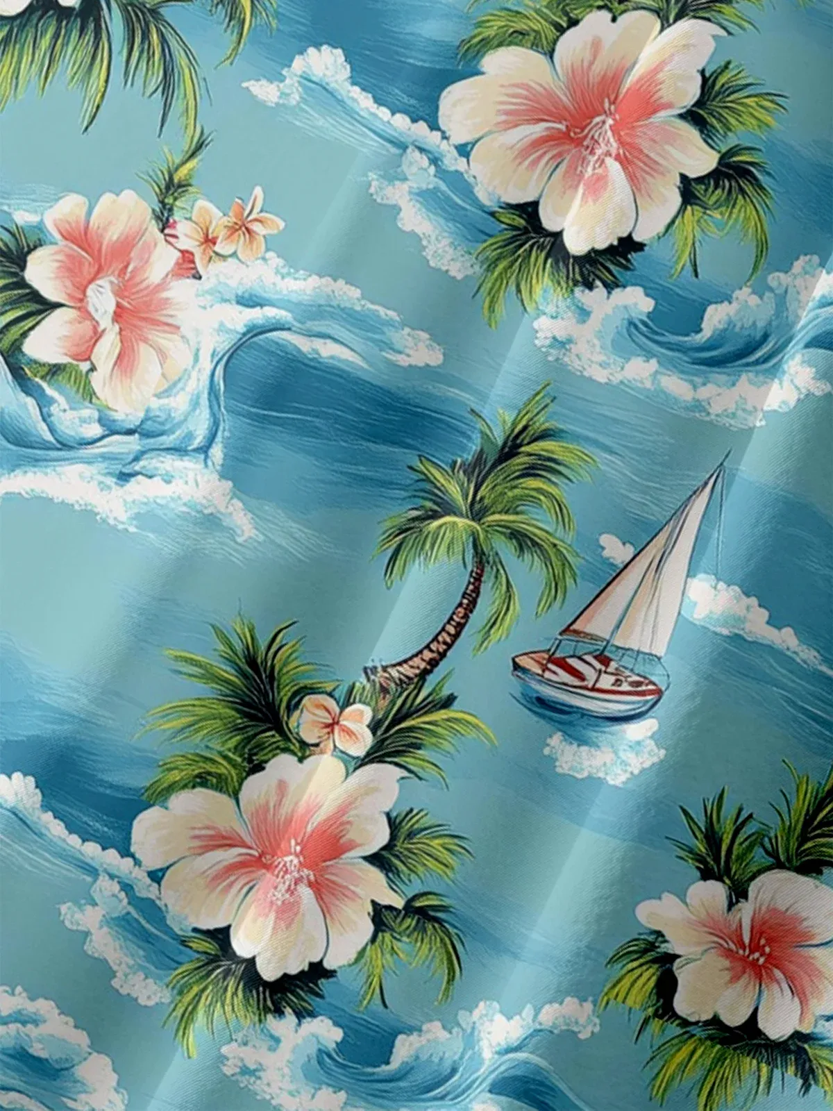 Moisture-wicking Palm Tree Hibiscus Flower Sailing Boat Chest Pocket Hawaiian Shirt